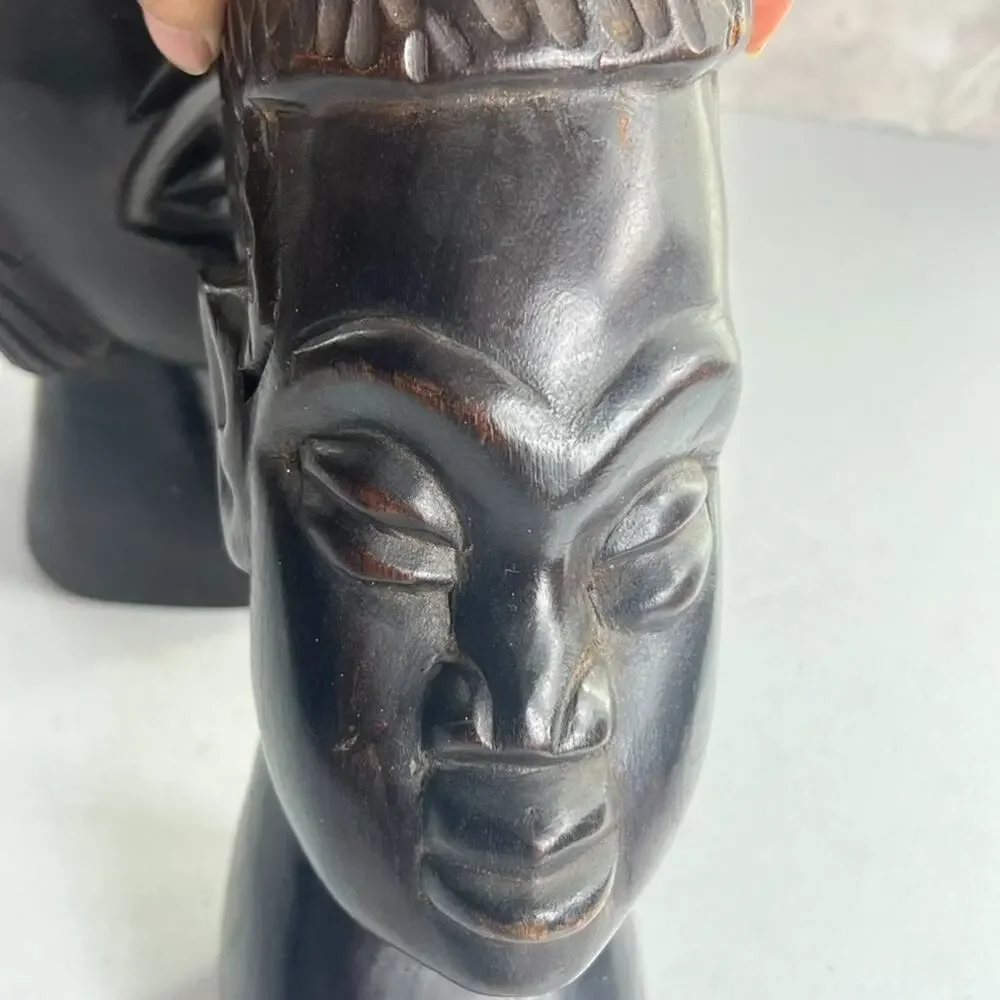 Vintage African Hand Carved Ebony Wood Head Sculptures 10.5